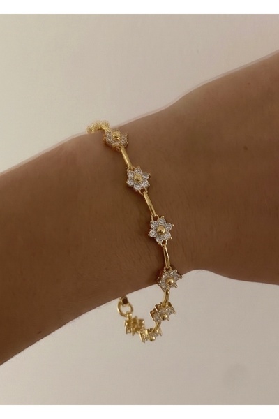 KİLİGİSTANBUL 14K ALTIN GÖRÜNÜMLÜ PREMİUM TAŞLI ÇİÇEK BİLEKLİK 16+3 CM