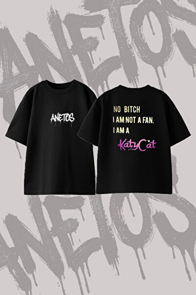 Anetos Katy Cat Design Printed Oversize Crew Neck T-Shirt Black