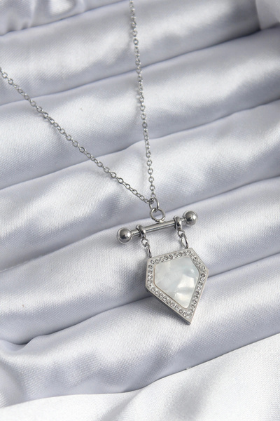 ARMÜZ 316L Steel Silver Color Zircon Stone Detail Women's Necklace