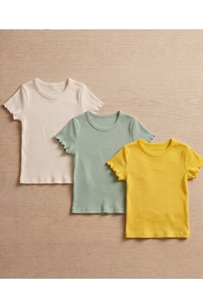 Kyex Kids Girls 3-Piece Ecovero Ribbed T-Shirt Set - White-Green-Yellow 3-12 ...