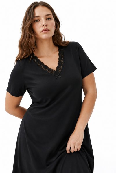 ESLEMCE Bamboo Viscose Fabric V Lace Collar Detailed Flared Dress