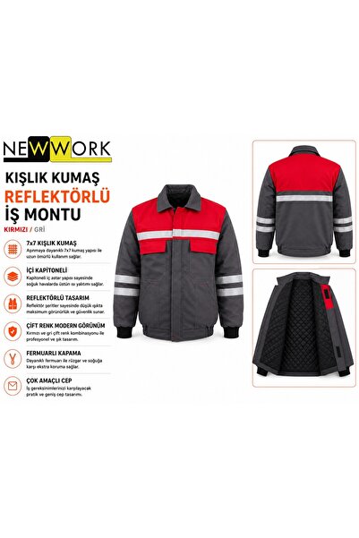 Newwork 7/7 KAPİTONELİ KIŞLIK GRİ/KIRMIZI REFLEKTÖRLÜ İŞ MONTU
