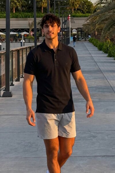 Maccali Men's Summer Embroidered Black Polo Collar T-Shirt