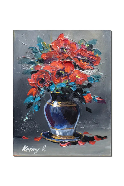 artnova Ръчно рисувана картина на ваза със стилизирани макове, 40x30см акрил ...
