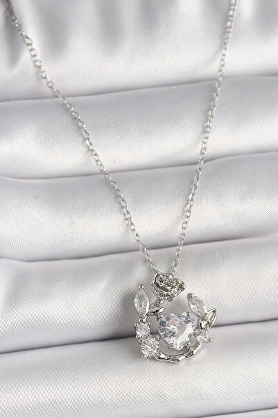 ARMÜZ 316L Steel Silver Color Chain Zircon Stone Heart Figure Rose Detail Wom...
