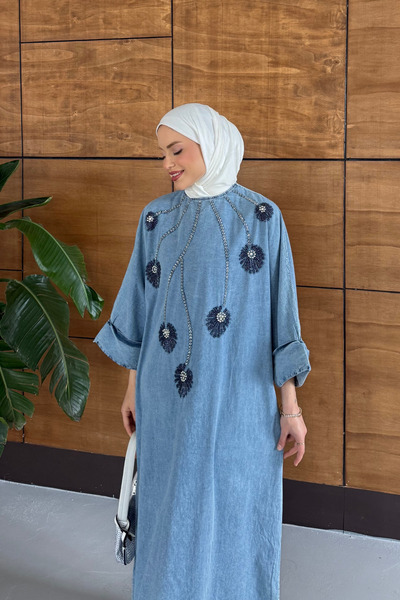 Miss Allos Women's Beaded Embroidered Hijab Denim Dress