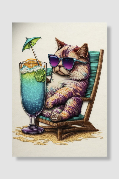 Luna Marissa Poster cu pisică, pisică cu ochelari și cocktail pe șezlong, sti...