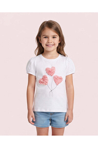 REDTAG Girls White 3D Heart Balloon T-Shirt