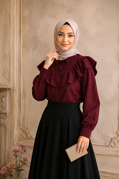 SADEL Yakası Fırfırlı Düğme Kapamalı Rayon Tunik - Bordo