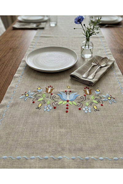 Reyn Home Motif Nakışlı Keten Kumaş 1 Adet Runner, 50x150cm