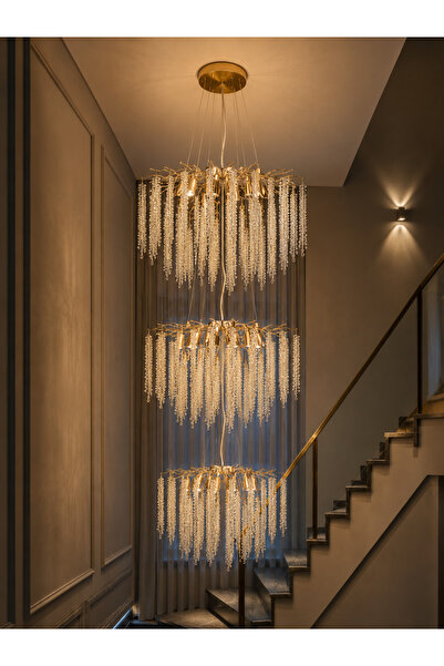 Led YENİ MODEL 80/60/50 CM 3 KATLI KRİSTAL LÜX GALERİ BOŞLUĞU AVİZESİ GOLD RE...