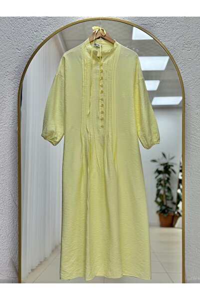 MİHRA STORE Maruna Poplin Pleated Button Dress-Na2404 Yellow