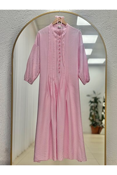 MİHRA STORE Maruna Poplin Pleated Button Dress-Na2404 Pink