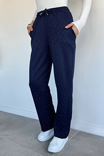 Aryena Navy Blue Women's Elastic Waist Stone Embroidered Trousers