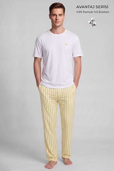 Aytuğ&Mısırlı Egyptian Men's Cotton Striped Pajama Set White-Yellow