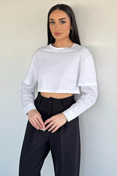 Aryena سويت شيرت نسائي أبيض بياقة دائرية مزخرفة وقصيرة