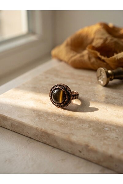 Meneva Aksesuar Brown Cat's Eye Natural Stone Authentic Embroidered Copper Bo...