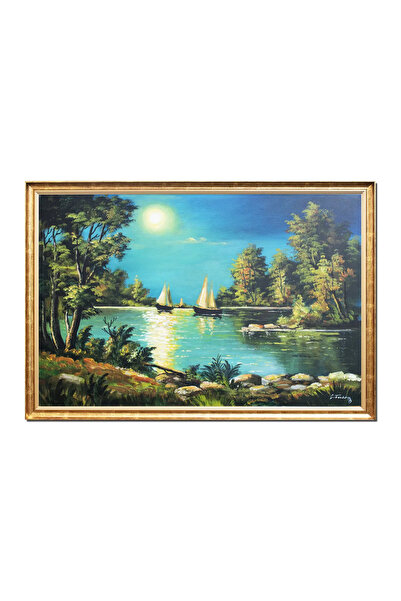 artnova Κορνιζαρισμένος πίνακας, τοπίο ηλιοβασιλέματος με ιστιοφόρα, ζωγραφισ...