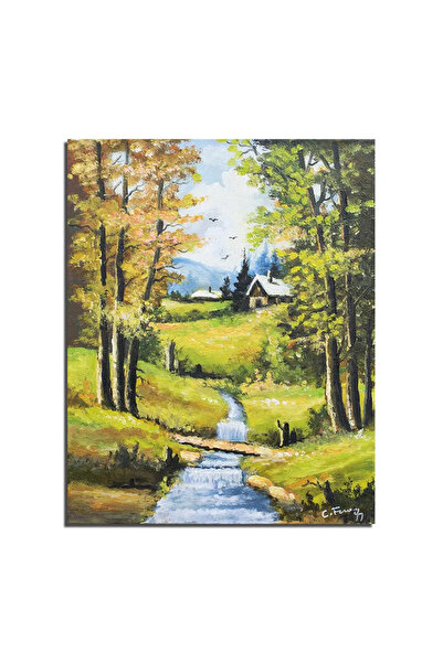 artnova Tablou peisaj de la munte cu case si parau pictat manual, Paradis, 50...