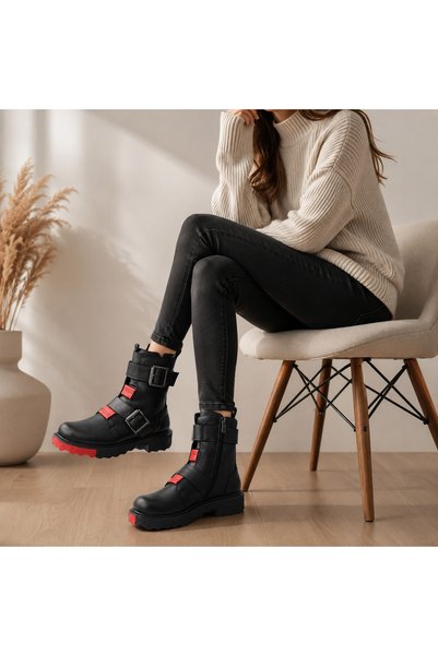 a ayak&kabım official Genuine Leather Women's Boots Black Red Detailed Warm Lined Thermo Sole Zippered Daily Winter Boots 2344926025