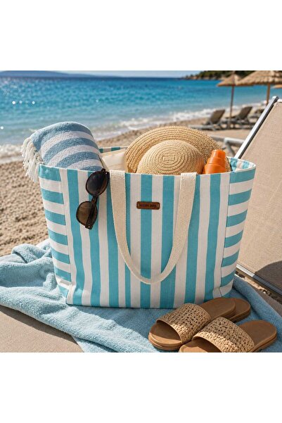 Elisss Design Beach Bag Picnic Bag Baby Bag Striped Blue Lined Large Size wit...