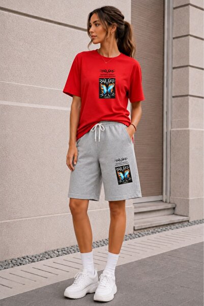 orwen life est. 2022 Unisex Oversize Baskılı Tişört Gri Şortlu 2'li Takım Pamuklu Rahat Kesim Günlük Spor Kombin KELEBEK
