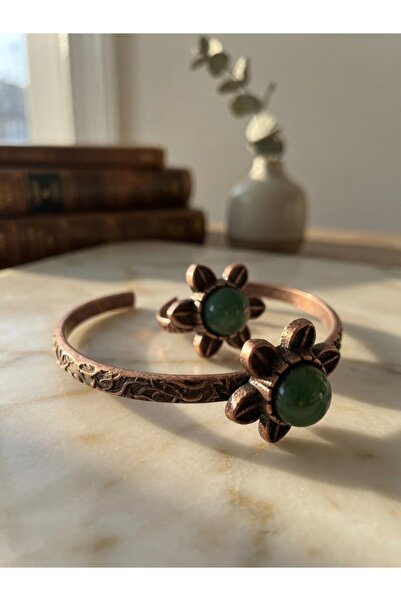 Meneva Aksesuar Authentic Flower Motif Copper Body Adjustable Bracelet and Ri...