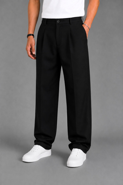 Montivo Men's Black Modern Cut Pleated Wide Leg Fabric Trousers