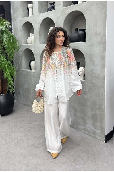 Cardella Set de pantaloni Camelia Premium din țesătură voal cu model - Combin...