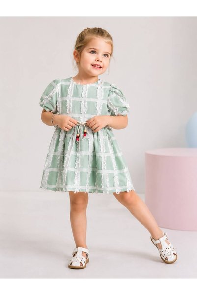 GREYFURT Girls' Square Patterned Tassel Embroidered Dress