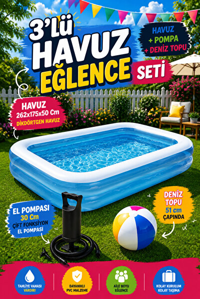 hak-iş oyuncak 3'lü Havuz Eğlence Seti | 262x175x50 cm Dikdörtgen Şişme Havuz...