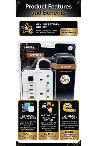 LEYENDAS LEYENDA 5M Power Extension Socket with 4 AC Outlets & USB Charging P...