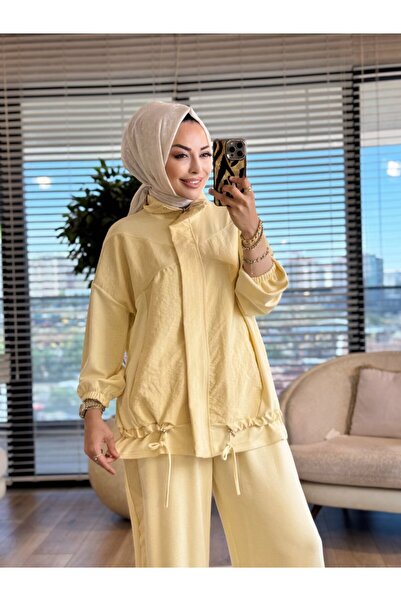 ALANURMODA 22850 بدلة بسحّاب أمامي على شكل مثلث باللون الأصفر
