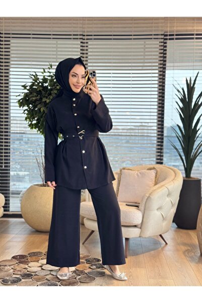 ALANURMODA 22838-5 بدلة بأزرار معدنية وحزام أمامي باللون الأسود