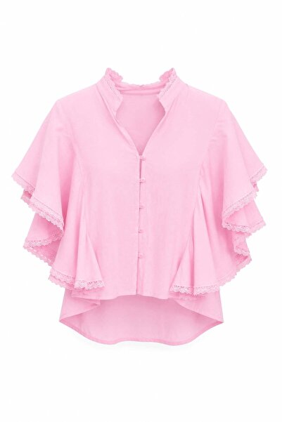 elif teke Butterfly Kolları Fırfırlı Gömlek Pembe