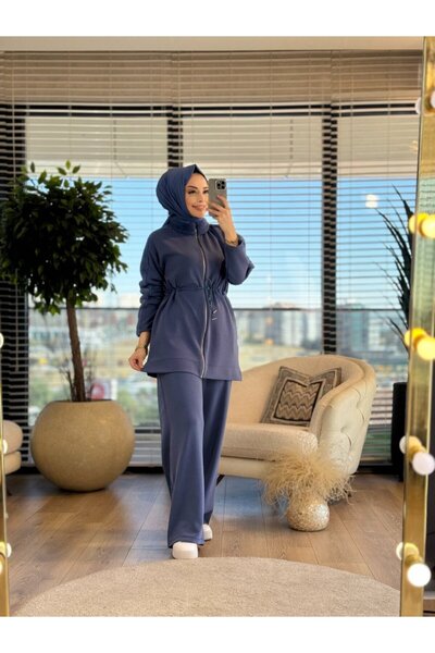 Jupe 8445 Collar Sleeve Fur Waist Drawstring Suit Indigo