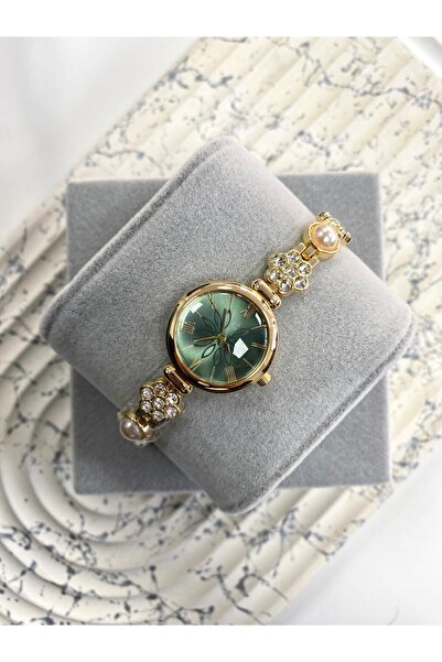 Mazzy Lotus Stone Cord Gold Green Dial Women's Wristwatch