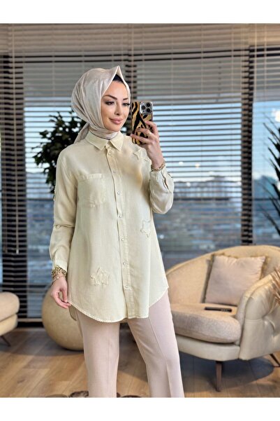ALANURMODA 7343 Tencel Shirt with Star Embroidery on Top, Ecru