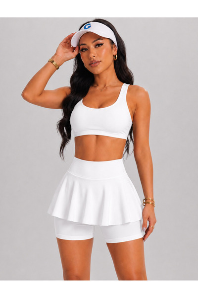 MAROVOAY Women's High Waist Inner Leggings Mini Sport Skirt-Crop 2 Piece Set