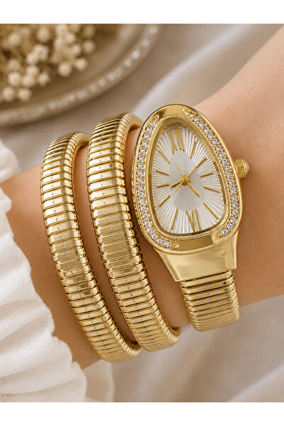 Weluxa Snake Bracelet Watch Gold Color Case Silver Dial Women's Stylish Desig...