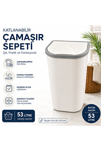 Turkco 53 Litre Büyük Boy Kapaklı Çamaşır Sepeti Dar Alan Uyumlu Banyo Kirli ...