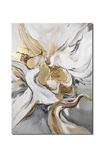 artnova Tablou abstract in alb cu auriu pictat manual, Imaginatie 2, 70x50cm ...