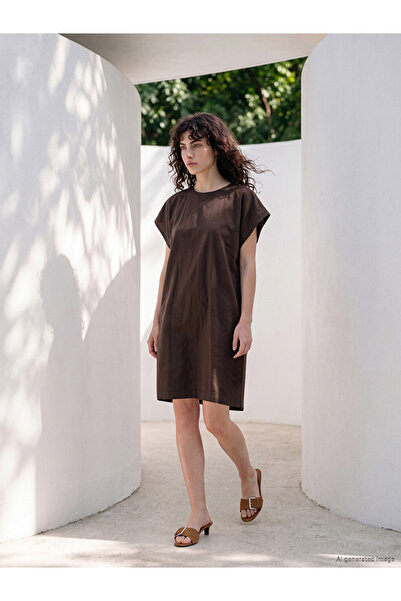 LC Waikiki Brown Crew Neck Linen Blend Mini Dress