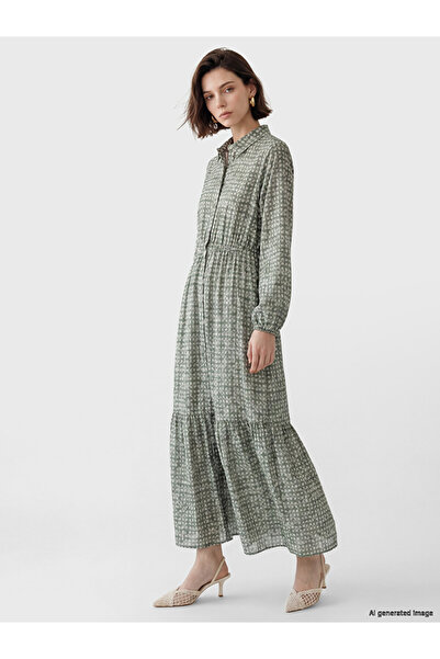 LC Waikiki Lcw Modest Green Shirt Collar Patterned Waist Fit Dress
