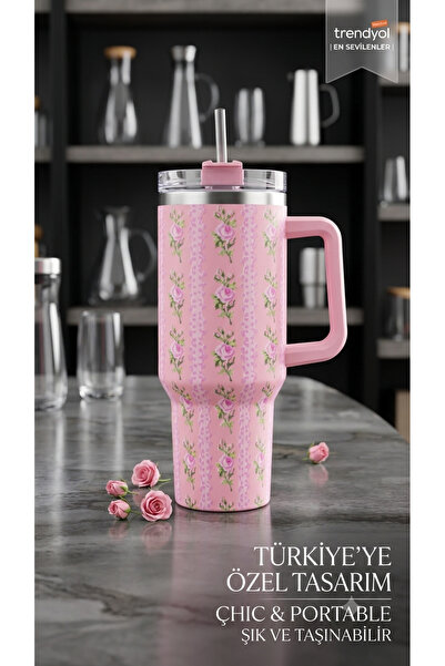 Dia Floral Patterned Steel Thermos with Straw - Double-Walled Heat-Insulating...