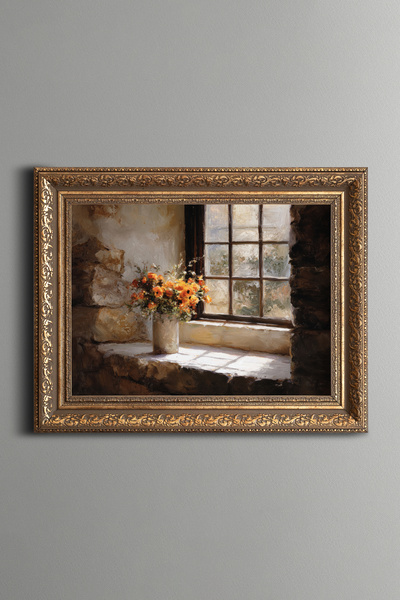 epiqart Window Front Flower Arrangement - Vintage Patterned Painting - Thick ...