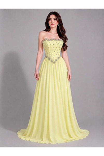 MNCENTER Lemon Chiffon Evening Dress