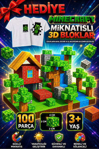 ABS Minecraft Tarzı Mıknatıslı Eğlenceli Blok Seti 100 Parça 3+ Yaş Creeper B...