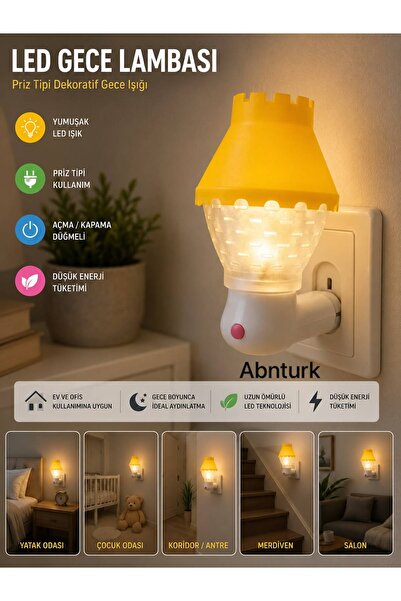 abnturk Fener Tasarımlı Açma Kapama Düğmeli LED Priz Tipi Gece Lambası Dekora...