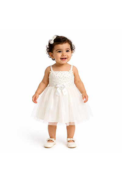MADE Girls' Tulle Dress with Pearls and Bow Embellishments